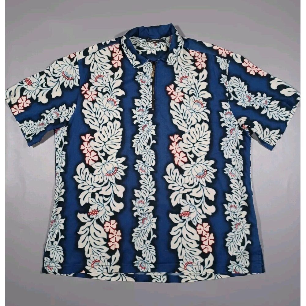 Poha Hawaii‎ Shirt Mens XL Blue Floral 1/4 Zip Pullover Short Sleeve Made In USA